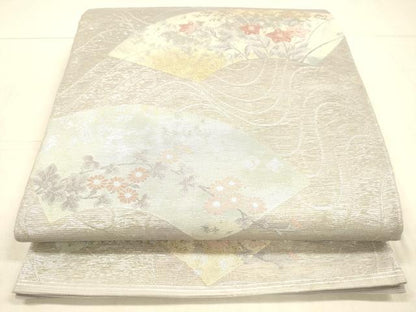 平和屋着物＊夏物　六通柄袋帯　流水地紙草花文　銀糸　正絹　逸品　DAAW4203cm