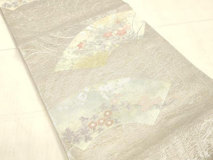 平和屋着物＊夏物　六通柄袋帯　流水地紙草花文　銀糸　正絹　逸品　DAAW4203cm
