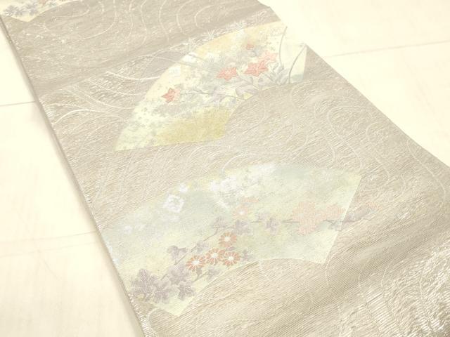 平和屋着物＊夏物　六通柄袋帯　流水地紙草花文　銀糸　正絹　逸品　DAAW4203cm