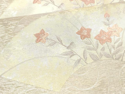 平和屋着物＊夏物　六通柄袋帯　流水地紙草花文　銀糸　正絹　逸品　DAAW4203cm