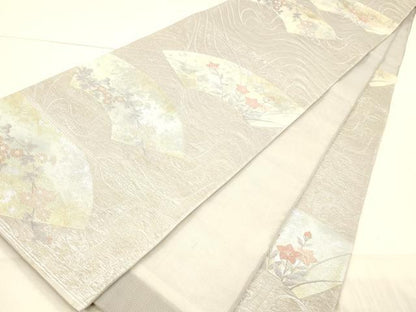 平和屋着物＊夏物　六通柄袋帯　流水地紙草花文　銀糸　正絹　逸品　DAAW4203cm