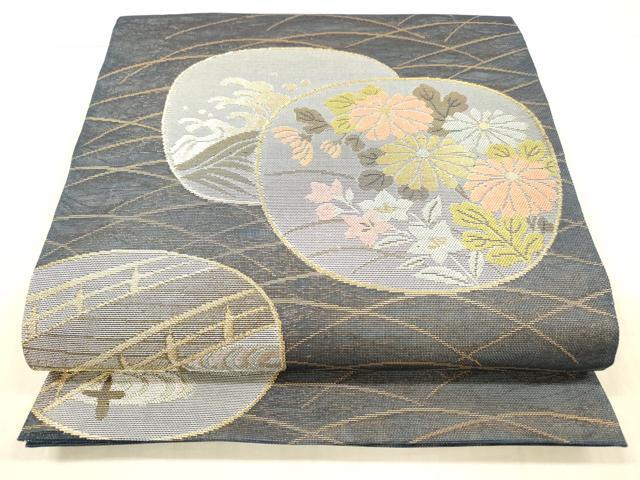 平和屋着物＊夏物 六通柄袋帯 渡橋流水草花文 金糸 正絹 逸品 DAAW4204cm