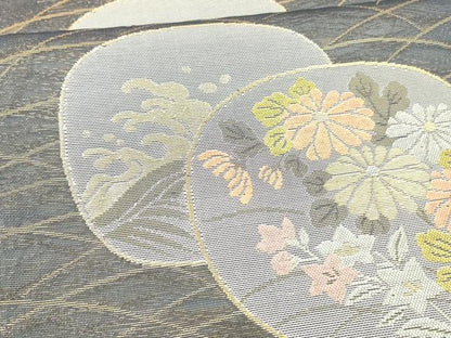 平和屋着物＊夏物 六通柄袋帯 渡橋流水草花文 金糸 正絹 逸品 DAAW4204cm
