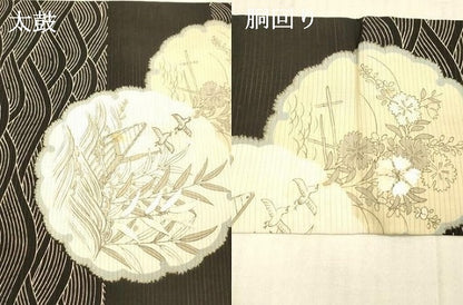 平和屋着物＊夏物 アンティーク 大正ロマン 九寸名古屋帯 駒刺繍 雪輪飛鳥草花文 黒地 銀糸 正絹 逸品 DAAW4207cm