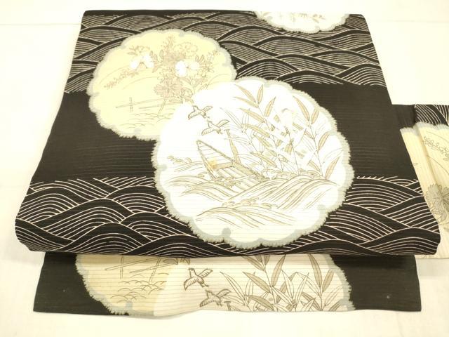 平和屋着物＊夏物 アンティーク 大正ロマン 九寸名古屋帯 駒刺繍 雪輪飛鳥草花文 黒地 銀糸 正絹 逸品 DAAW4207cm