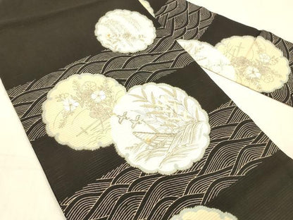 平和屋着物＊夏物 アンティーク 大正ロマン 九寸名古屋帯 駒刺繍 雪輪飛鳥草花文 黒地 銀糸 正絹 逸品 DAAW4207cm