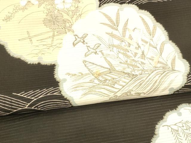 平和屋着物＊夏物 アンティーク 大正ロマン 九寸名古屋帯 駒刺繍 雪輪飛鳥草花文 黒地 銀糸 正絹 逸品 DAAW4207cm