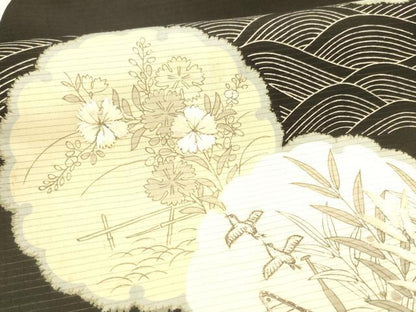 平和屋着物＊夏物 アンティーク 大正ロマン 九寸名古屋帯 駒刺繍 雪輪飛鳥草花文 黒地 銀糸 正絹 逸品 DAAW4207cm