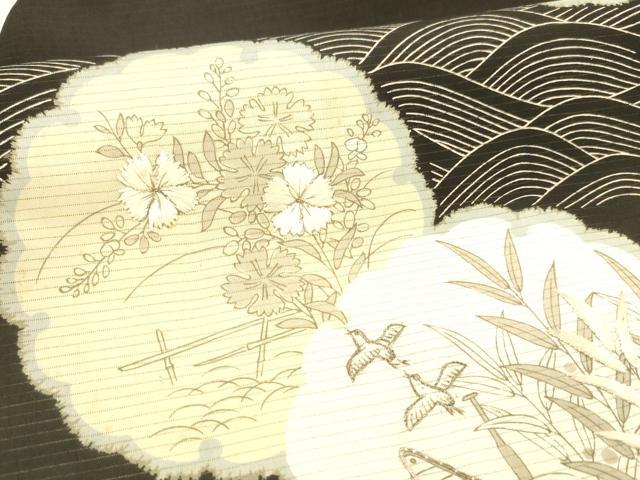 平和屋着物＊夏物 アンティーク 大正ロマン 九寸名古屋帯 駒刺繍 雪輪飛鳥草花文 黒地 銀糸 正絹 逸品 DAAW4207cm