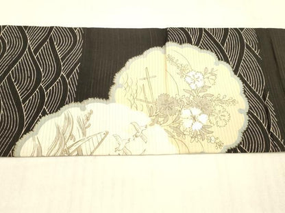 平和屋着物＊夏物 アンティーク 大正ロマン 九寸名古屋帯 駒刺繍 雪輪飛鳥草花文 黒地 銀糸 正絹 逸品 DAAW4207cm
