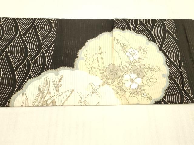 平和屋着物＊夏物 アンティーク 大正ロマン 九寸名古屋帯 駒刺繍 雪輪飛鳥草花文 黒地 銀糸 正絹 逸品 DAAW4207cm