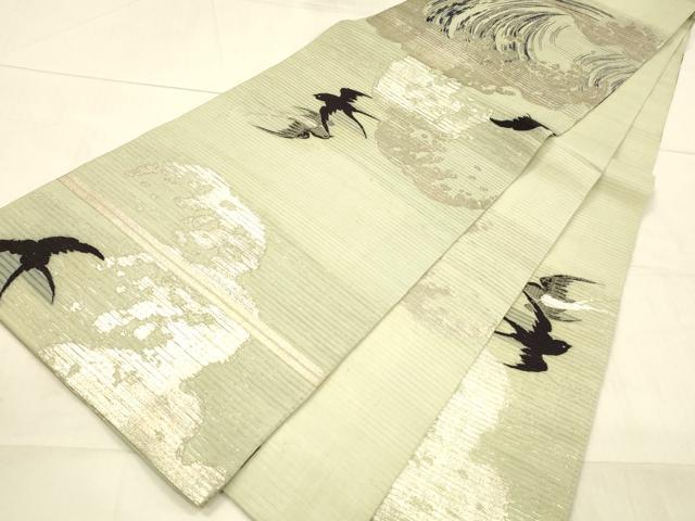 平和屋着物＊夏物 アンティーク 大正ロマン 丸帯 燕 立波文 銀糸 正絹 逸品 DAAW4208cm