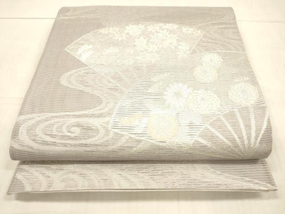 平和屋着物＊夏物　西陣　六通柄袋帯　流水扇面草花文　銀糸　正絹　逸品　DAAW4213cm