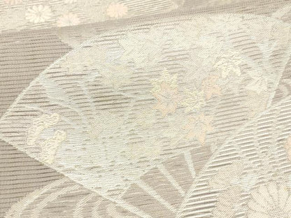 平和屋着物＊夏物　西陣　六通柄袋帯　流水扇面草花文　銀糸　正絹　逸品　DAAW4213cm