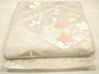平和屋着物＊夏物 六通柄袋帯 唐織 草花文 銀糸 正絹 逸品 DAAW4217cm