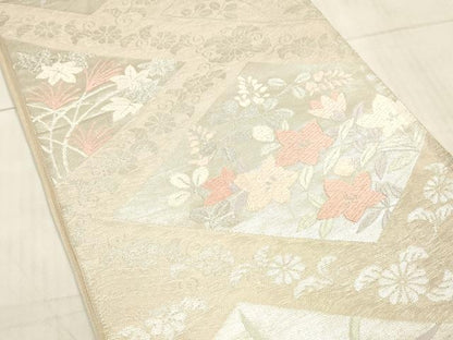 平和屋着物＊夏物 六通柄袋帯 唐織 草花文 銀糸 正絹 逸品 DAAW4217cm