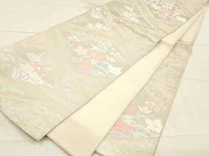 平和屋着物＊夏物 六通柄袋帯 唐織 草花文 銀糸 正絹 逸品 DAAW4217cm