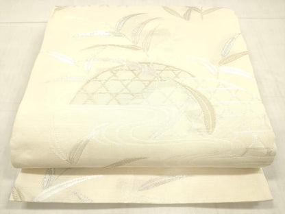 平和屋着物＊夏物　六通柄袋帯　流水籬草花文　銀糸　正絹　逸品　DAAW4219cm
