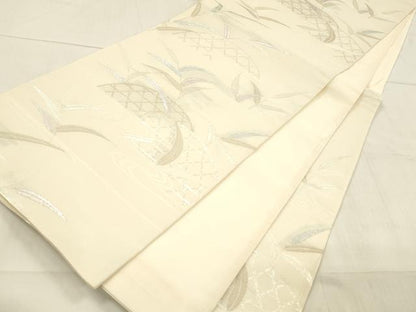 平和屋着物＊夏物　六通柄袋帯　流水籬草花文　銀糸　正絹　逸品　DAAW4219cm