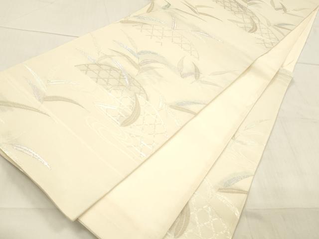 平和屋着物＊夏物　六通柄袋帯　流水籬草花文　銀糸　正絹　逸品　DAAW4219cm