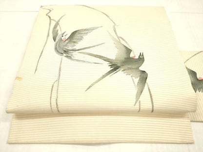 平和屋着物＊セミアンティーク 夏物 絽塩瀬 九寸名古屋帯 刺繍 燕 銀糸 正絹 逸品 DAAW4220cm
