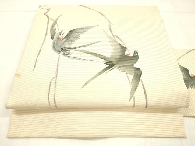 平和屋着物＊セミアンティーク 夏物 絽塩瀬 九寸名古屋帯 刺繍 燕 銀糸 正絹 逸品 DAAW4220cm