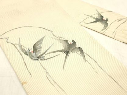 平和屋着物＊セミアンティーク 夏物 絽塩瀬 九寸名古屋帯 刺繍 燕 銀糸 正絹 逸品 DAAW4220cm