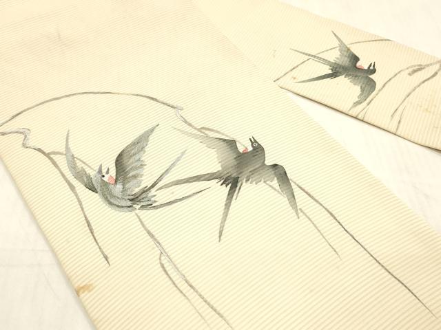 平和屋着物＊セミアンティーク 夏物 絽塩瀬 九寸名古屋帯 刺繍 燕 銀糸 正絹 逸品 DAAW4220cm
