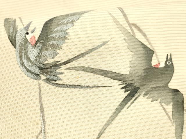 平和屋着物＊セミアンティーク 夏物 絽塩瀬 九寸名古屋帯 刺繍 燕 銀糸 正絹 逸品 DAAW4220cm