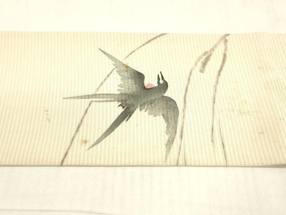 平和屋着物＊セミアンティーク 夏物 絽塩瀬 九寸名古屋帯 刺繍 燕 銀糸 正絹 逸品 DAAW4220cm