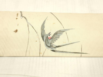 平和屋着物＊セミアンティーク 夏物 絽塩瀬 九寸名古屋帯 刺繍 燕 銀糸 正絹 逸品 DAAW4220cm