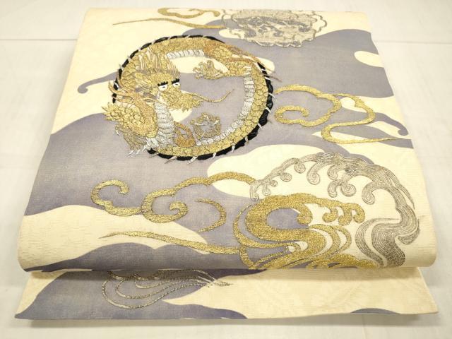 平和屋着物＊夏物 アンティーク 大正ロマン 太鼓柄袋帯 駒刺繍 霞龍文 金銀糸 正絹 逸品 DAAW4221cm
