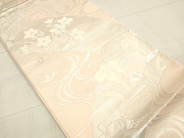平和屋着物＊夏物 六通柄袋帯 流水草花文 銀糸 正絹 逸品 DAAW4225cm