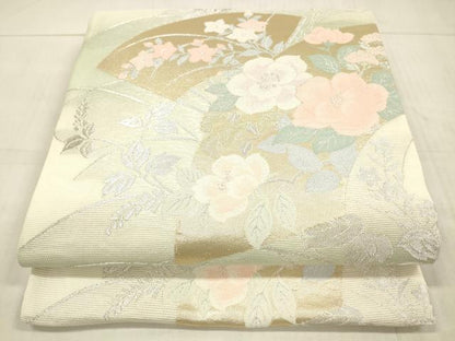 平和屋着物＊夏物 六通柄袋帯 扇面草花文 金銀糸 正絹 逸品 DAAW4226cm