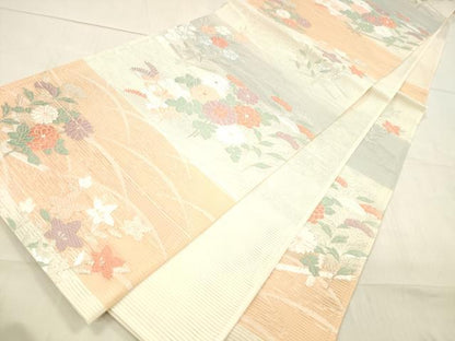 平和屋着物＊夏物 六通柄袋帯 唐織 草花文 銀糸 正絹 逸品 DAAW4231cm