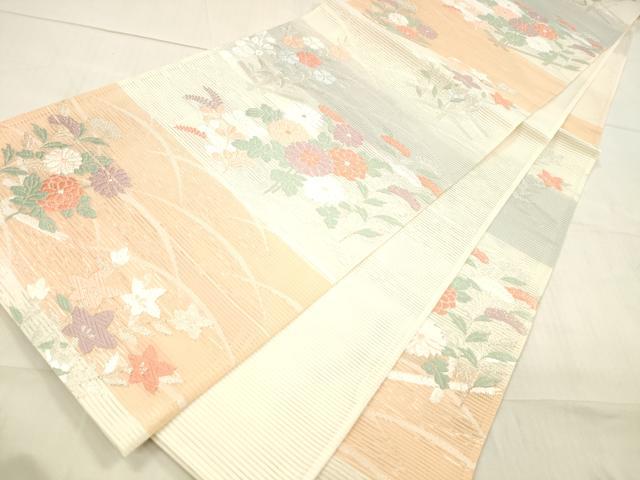 平和屋着物＊夏物 六通柄袋帯 唐織 草花文 銀糸 正絹 逸品 DAAW4231cm