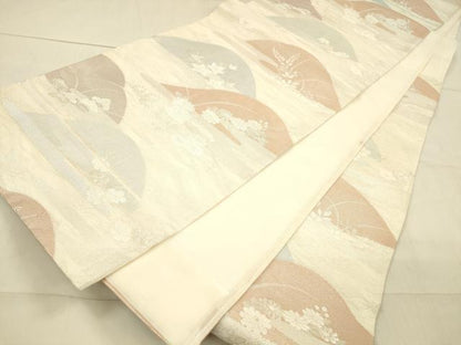 平和屋着物＊夏物　六通柄袋帯　遠山草花文　銀糸　正絹　逸品　DAAW4241cm