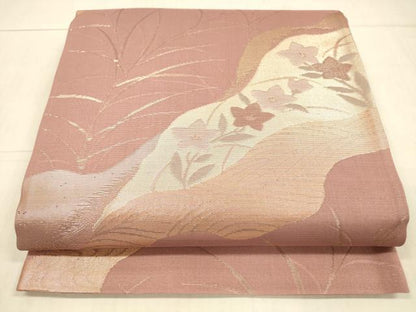 平和屋着物＊夏物　六通柄袋帯　流水草花文　金糸　正絹　逸品　DAAW4246cm