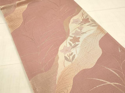 平和屋着物＊夏物　六通柄袋帯　流水草花文　金糸　正絹　逸品　DAAW4246cm