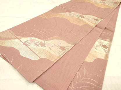 平和屋着物＊夏物　六通柄袋帯　流水草花文　金糸　正絹　逸品　DAAW4246cm