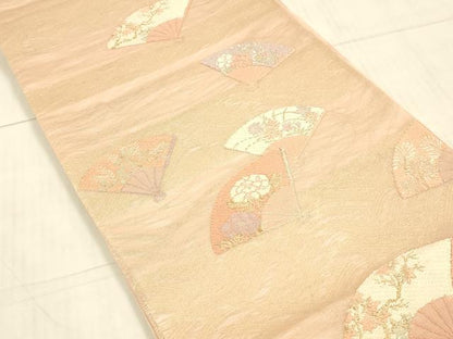 平和屋着物＊夏物 六通柄袋帯 唐織 扇面草花文 金糸 正絹 逸品 DAAW4247cm