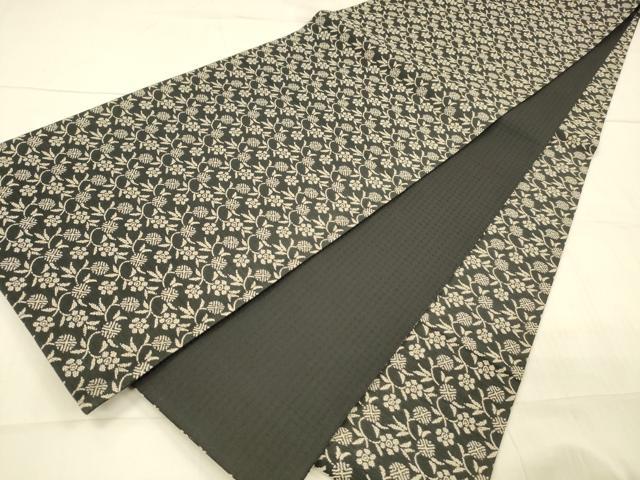 平和屋着物●全通柄袋帯　名物裂　草花文　黒地　三越扱い　正絹　逸品　DAAW4262cm
