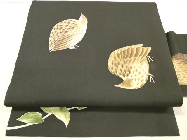 平和屋着物●塩瀬　九寸名古屋帯　手描き　群鳥　黒地　正絹　逸品　DAAW4267cm