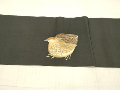 平和屋着物●塩瀬　九寸名古屋帯　手描き　群鳥　黒地　正絹　逸品　DAAW4267cm