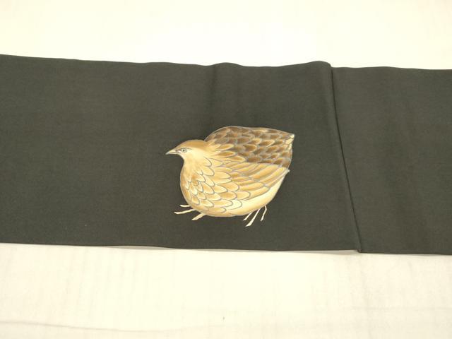 平和屋着物●塩瀬　九寸名古屋帯　手描き　群鳥　黒地　正絹　逸品　DAAW4267cm
