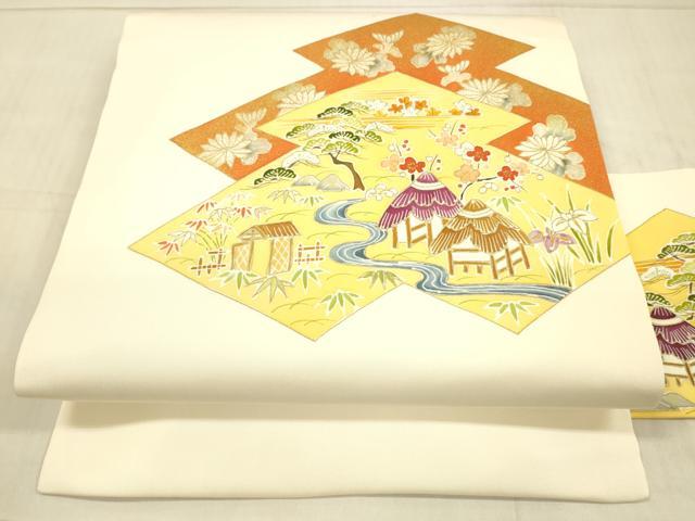 平和屋着物●塩瀬 九寸名古屋帯 風景草花文 金糸 正絹 逸品 DAAW4277cm