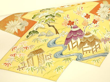 平和屋着物●塩瀬 九寸名古屋帯 風景草花文 金糸 正絹 逸品 DAAW4277cm