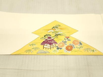 平和屋着物●塩瀬 九寸名古屋帯 風景草花文 金糸 正絹 逸品 DAAW4277cm