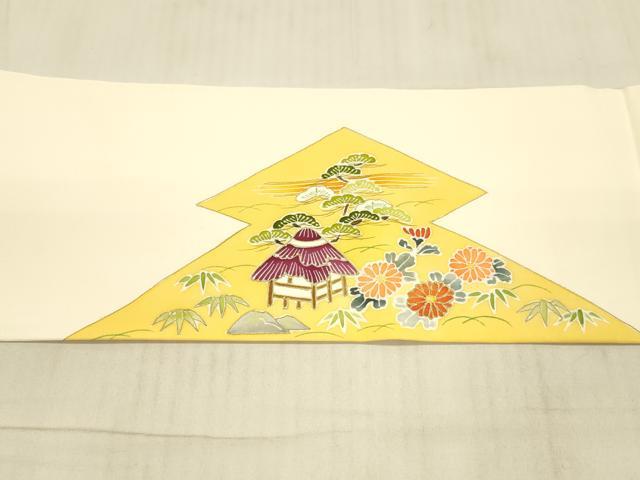 平和屋着物●塩瀬 九寸名古屋帯 風景草花文 金糸 正絹 逸品 DAAW4277cm
