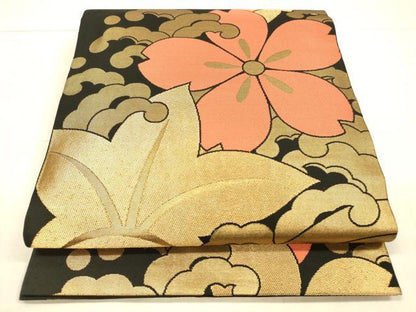 平和屋着物●織物一筋名門 織悦 全通柄 本袋帯 草花文 黒地 金糸 正絹 逸品 DAAW4291cm